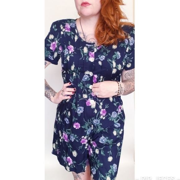 VINTAGE Basic Editions Med Navy Blue W/ Purple Flowers Button front Romper - Picture 5 of 16
